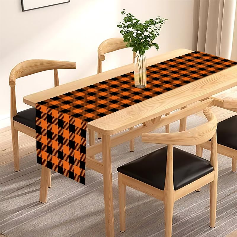 Black and Orange Buffalo Plaid Table Runner 13x72 Inch - Durable Polyester Home Decor