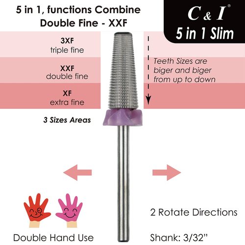 C & I 5 in 1 Nail Drill Bit, Slim Edition, Professional Manicure Drills for Electric Nail Drill Machine (Double Fine -XXF)