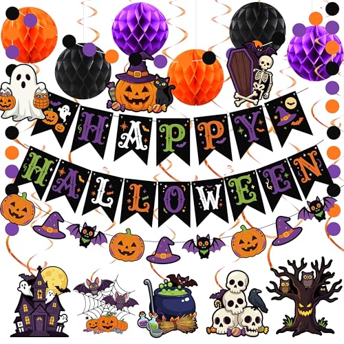 Halloween Party Decorations Indoor - Purple Orange Black Banner Pom Poms Swirls - Variation B
