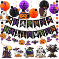 Halloween Party Decorations Indoor - Purple Orange Black Banner Pom Poms Swirls - Variation B