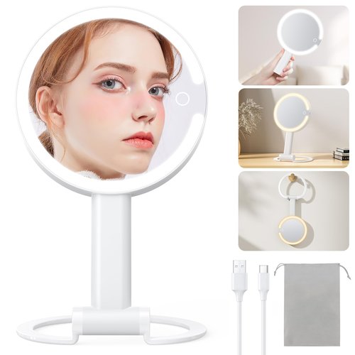 Gospire Magnifying Travel Makeup Mirror with Light 10X 1X Magnifition 2-Sided Lighted Vanity Mirror Rechargeable 3 in 1 Hand Held Desk Hanging, 3 Color Dimmable Lights, White