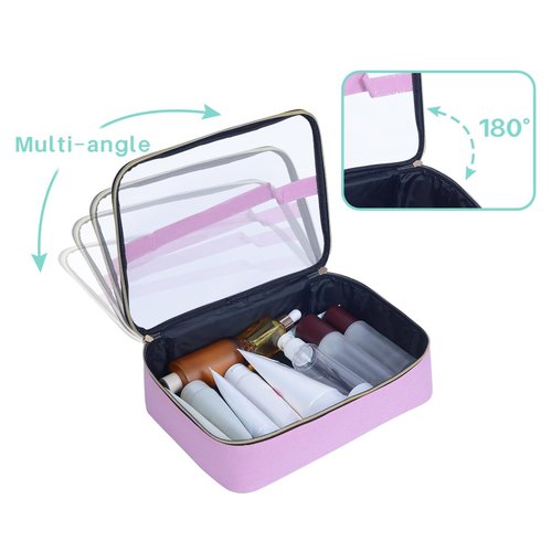 LANDFOBO Clear Travel Makeup Bag Small Portable Cosmetic Toiletry Case with Zipper Organize Travel Samples, Cosmetics, Skincare Products, etc,(Pink)