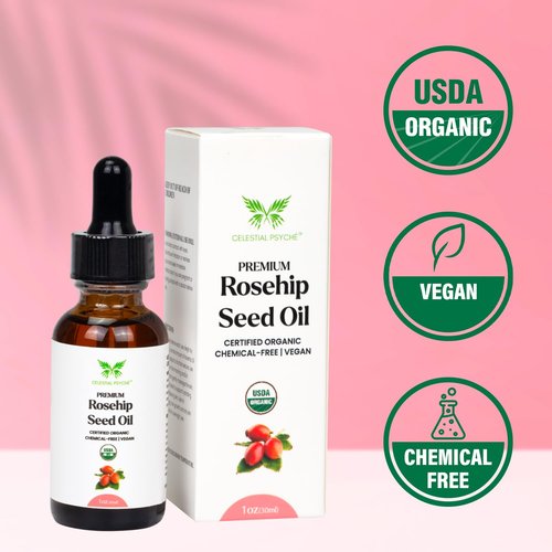 Celestial Psyché USDA Certified Organic Rosehip Seed Oil (1 Oz) 100% Pure Natural, Chemical-Free, Hair Moisturizer, Skin Hydration, Natural Beauty, Anti-Aging, Wrinkles Reduction, Antioxidants