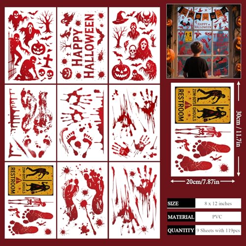 Halloween Window Clings - Bloody Handprints, Ghosts & Zombies, 119 Pcs with Bloody Footprint Variation