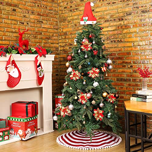 Christmas Tree Skirt 48 Inch Red White Rings with Pom Pom Trim - HOHOTIME Variation