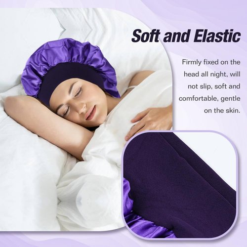 Lawie 8 Pack Colors Satin Lined Silky Sleeping Bonnets Shower Caps Curly Long Hair Protector Night Large Adjustable Wide Brim Band Sleep Hats Hair Wraps for Women Girls (Feminine Colors)