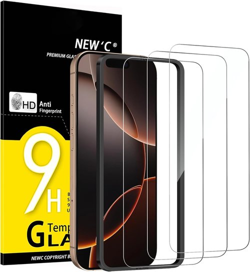 NEW'C iPhone 17 & 16 Pro Screen Protector - 3 Pack Tempered Glass with Easy Installation Tool | Case Friendly, Ultra Resistant