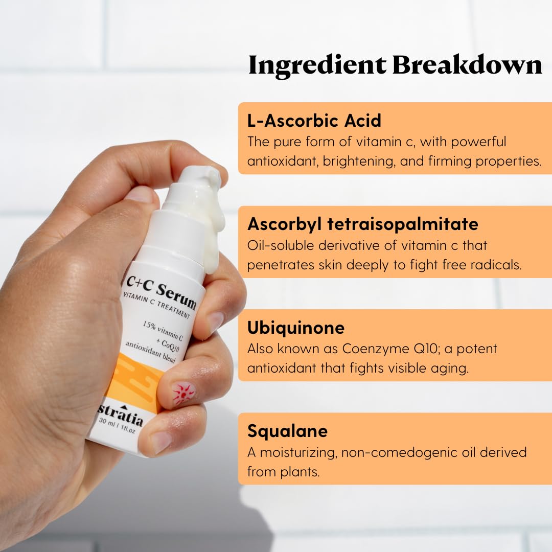 Stratia C+C Vitamin C Serum - 15% Potent Formula with 10% L-Ascorbic Acid for Bright, Even Skin - 1 Fl Oz