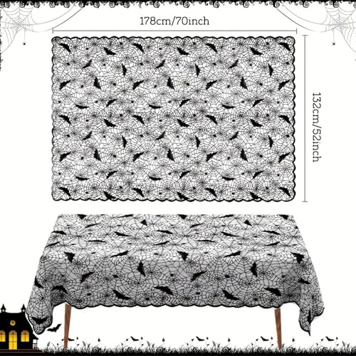 Halloween Lace Tablecloth 70x52 Inch Black Bat Spider Web Gothic Decor for Fall Parties