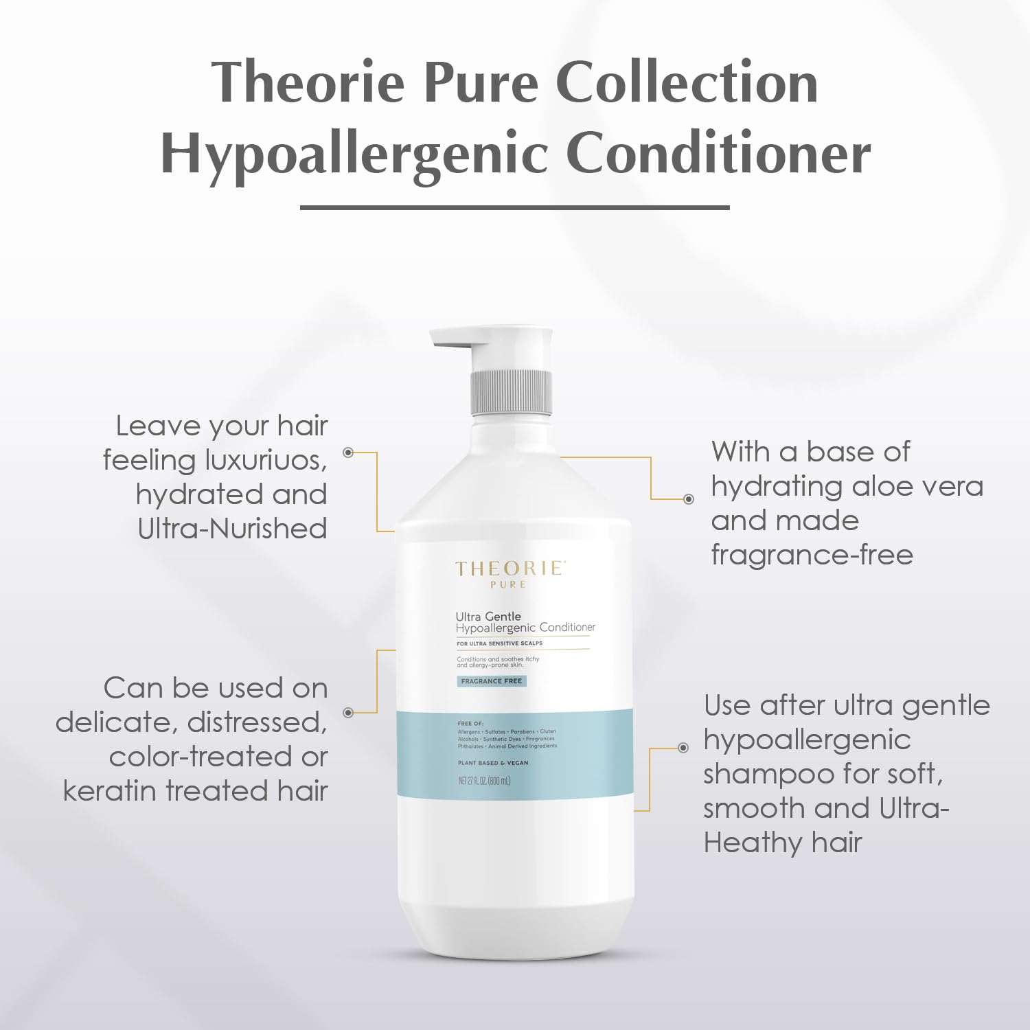 Theorie Pure Collection Hypoallergenic Conditioner - Plant-Based & Vegan - Soothes Itchy Skin - 800mL Pump Bottle