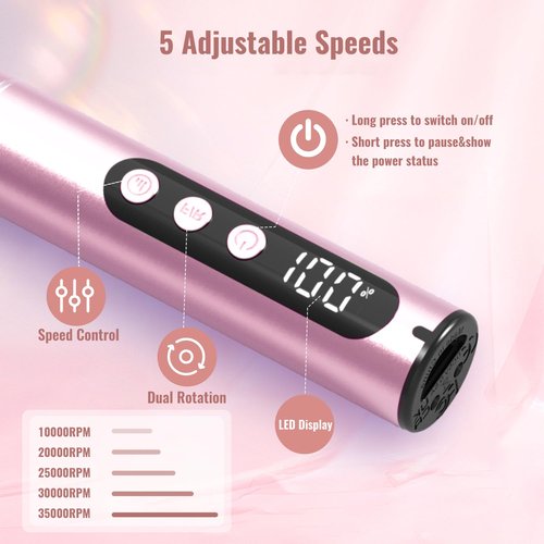 Denabuty Cordless Electric Nail Drill File: 35000RPM Professional Nail Drill Machine with UV LED Nail Lamp Charging Base, Manicure Pedicure Kit E File for Acrylic Gel Dip Powder Polish Pink