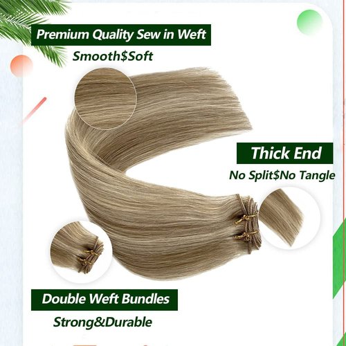 Sew In Real Human Hair Blonde Highlights Weft Extensions - Remy Hair Ash Brown Mix Platinum Blonde Hand Tied Weft - 14inch 80g