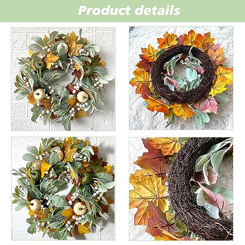 Fall Wreath Full Handcrafted Autumn Front Door Wreath with Pumpkins Maple Leaves Berries Green Leaf - Fall Decor
