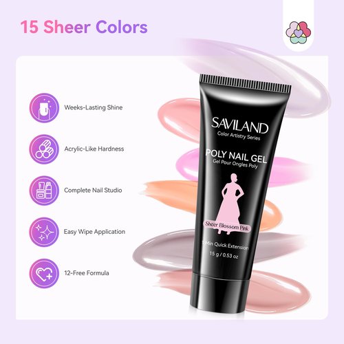 SAVILAND Hema-Free Poly Extension Gel Nail Kit: 15 Colors Poly Gel kit for 4 Weeks Lasting, Natural-Looking Poly Gel Clear White Pink Nude with Slip Solution U V Lamp Suitable for All Seasons Art DIY