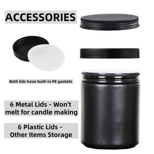 KIGITIK 6 pack 8oz Black Glass Jars and Plastic & Metal Lids, Refillable Thick Glass Jars For Candle, Storage, Spice, Liquid, Powder. (8oz Black)