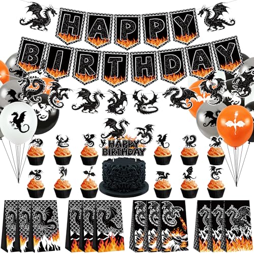 Dragon Theme Birthday Party Decorations Kit with Banners Balloons & Cake Toppers