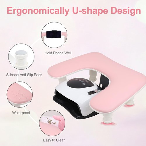 Big Arm Rest for Nails Tech with Rotating Phone Holder: 3nd Generation U-Shaped Manicure Nail Arm Rest Stand Height Adjustable Armrest for Acrylic Nails(Pink)