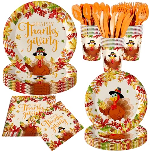 Thanksgiving Party Supplies Set with Plates Napkins Cups Forks Knives Spoons Fall Decorations
