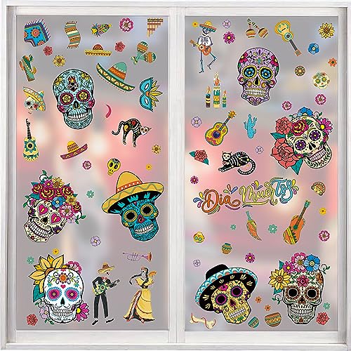 Halloween Day of the Dead Sugar Skull Flower Window Stickers - Skull Variation