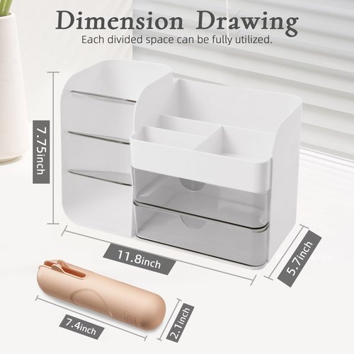 FZHZZ Makeup Organizer Countertop with Drawers, Cosmetic Organizer with Travel Makeup Brush Holder, Skincare Organizer & Storage with Drawers for Bathroom, Beauty Essentials, Eyeshadow (white)