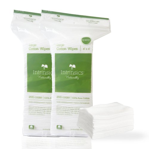 Intrinsics Large 4x4 Cotton Squares 2 Pack (400 Count) | 4-Ply Cotton Pads for Face & Makeup Removal | Lint-Free Facial Cleansing Pads & Face Pads for Toner | Hypoallergenic and 100% Pure Cotton
