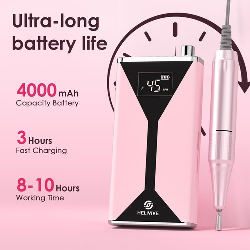 HELIVIVE Professional Electric Nail Drill 45000RPM (Portable & Rechargeable) (with 11 Drill Bits ) Cordless Nail File Machine for Shaping, Polishing & Removing Gel Nails for Salon Home (Pink)