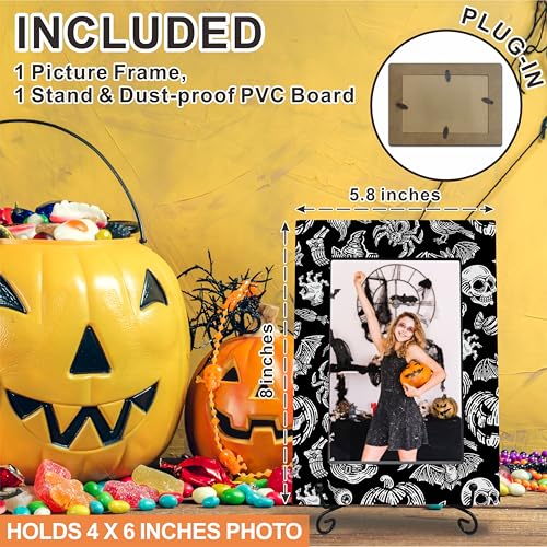 Halloween Photo Frame with Metal Stand - Black & White Pumpkin Ghost Spider Scene, 4x6 Inch Picture Frame, Halloween Decor