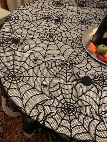 Halloween Lace Tablecloth 70 Inch Round Black Bat Spider Web Decorations Gothic Style