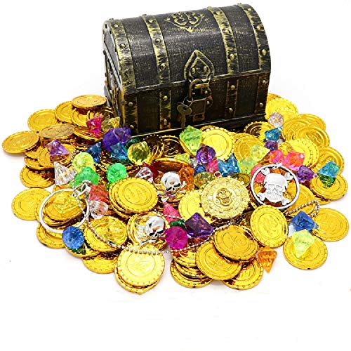 Kids Pirate Treasure Chest Toy Box Antique Color with Lock - Party Favors & Storage