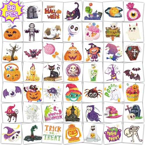 96-Piece Glitter Halloween Temporary Tattoos for Kids, Ghosts Pumpkins Spiders