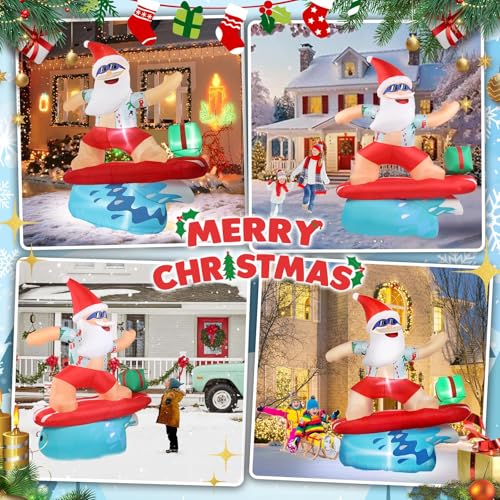 6.5FT Inflatable Santa Surfing Christmas Decoration with LED Lights - Outdoor Holiday Yard Lawn Decor
