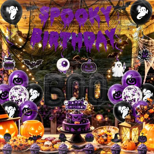 Halloween Birthday Decorations Set with Balloons, Banner & Spooky Props