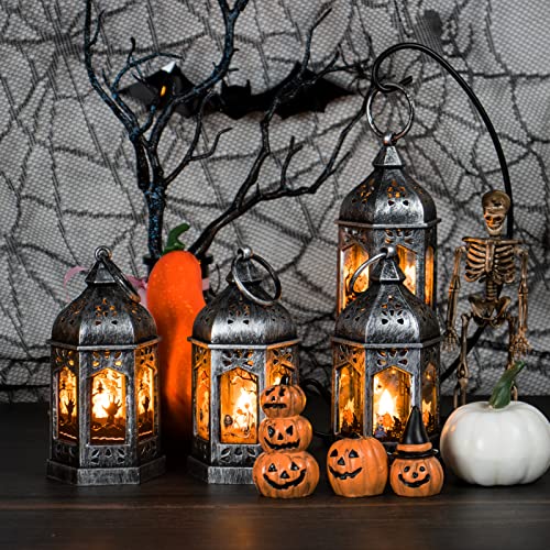 Silver-Hween 8-Pack Mini Lanterns with Halloween Pattern Glass & Flickering LED Candles