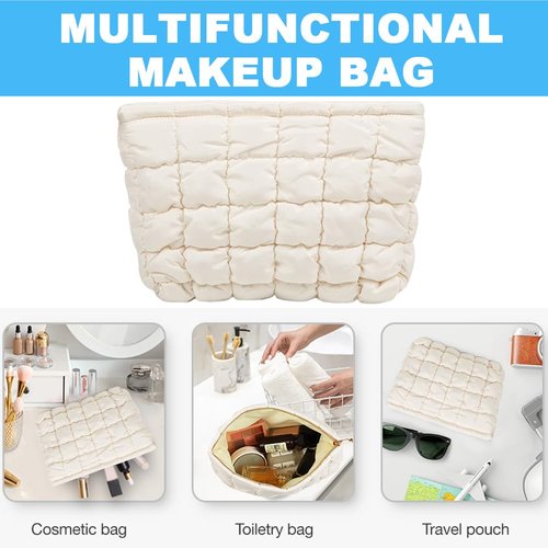 FITINI Makeup Bag Travel Large Portable Quilted Cosmetic Organizer Cute Pouch for Women Soft Puffy Zipper Waterproof Toiletry Storage Bags,Quilting Puff Rose