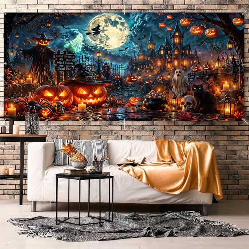 Halloween Garage Door Decor Banner - Spooky Haunted House Pumpkin Witch Moon - 8x7 FT - Outdoor Halloween Decoration