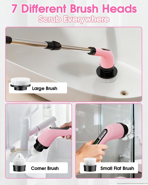 Highyes Electric Spin Scrubber for Cleaning Bathroom: Cordless Power Shower Scrubber - Electric Cleaning Brush for Tile Tub - Pink