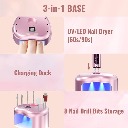 Denabuty Cordless Electric Nail Drill File: 35000RPM Professional Nail Drill Machine with UV LED Nail Lamp Charging Base, Manicure Pedicure Kit E File for Acrylic Gel Dip Powder Polish Pink