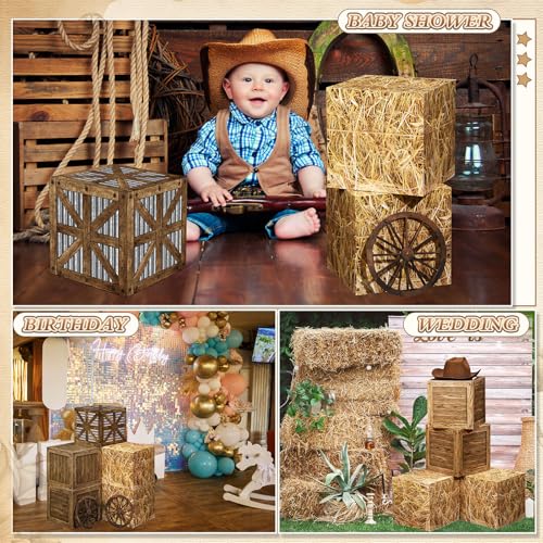 Western Cowboy Party Decorations Set with Hay Bales and Wagon Wheels - Rustic Theme