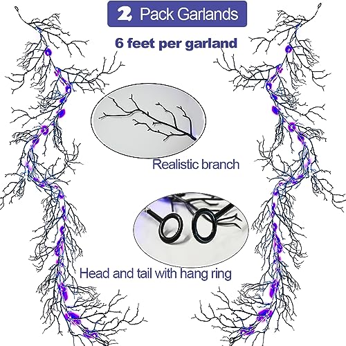 12 FT Black Twig Garland with Timer & Purple LED Lights – Halloween Decor 2 Pack