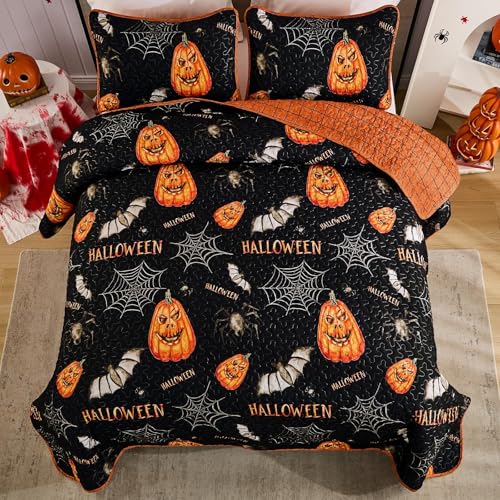 Halloween Queen Quilt Set - Pumpkin & Bat Festive Bedspread Coverlet - Variation of THIS listing