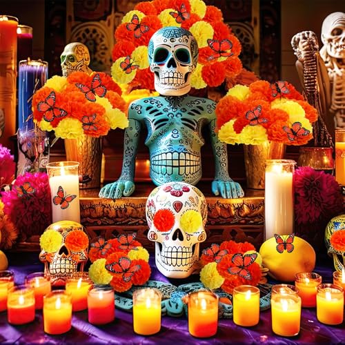 Dia de Los Muertos Decoration Set with Marigold Flowers & Monarch Butterflies