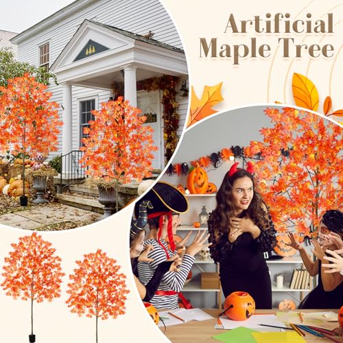 Artificial Maple Fall Tree Set - 6.6ft Orange & Yellow Faux Trees, 2 Pack - Indoor Outdoor Decor