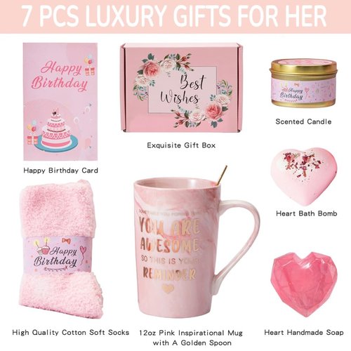 Birthday Gifts for Women,Happy Birthday Gifts Basket for Women Self Care Set Bath Relaxing Gift Birthday Presents Unique Female Idea Box for Mom Sister Wife Pink Theme with Mug,Cozy Socks,Bath Bomb