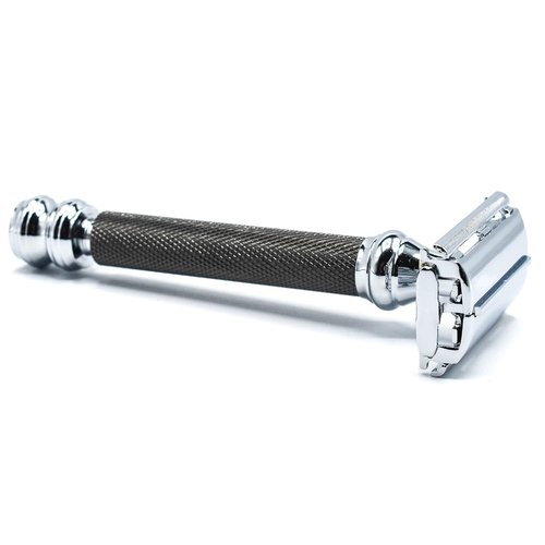 Parker 76R Butterfly Open Safety Razor - Heavyweight Gunmetal Finish with Long Knurled Handle for Precision Shaving
