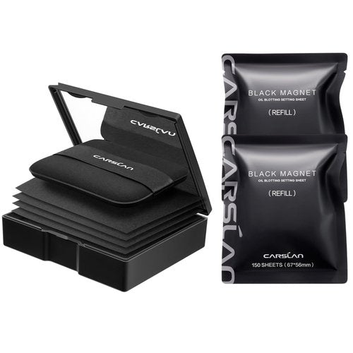 CARSLAN Makeup Blotting Paper with Powder, Black Magnet Blotting Sheet for Oily & Combination Skin, Portable Compact with Puff & Mirror, Keeps Makeup Fresh All Day, 450 Sheets + 8 Refill Adhesive Pads