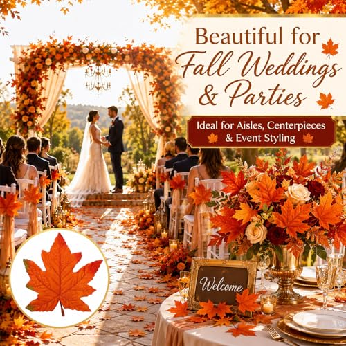 Artificial Fall Maple Leaves - 40pcs Autumn Leaves for Thanksgiving & DIY Decor - Orange, Realistic Design