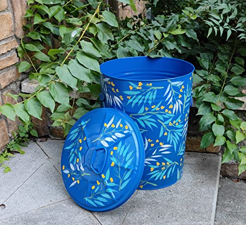 Hand Painted Metal Trash Can with Lid - Blue Flower Design, 10 Gallons