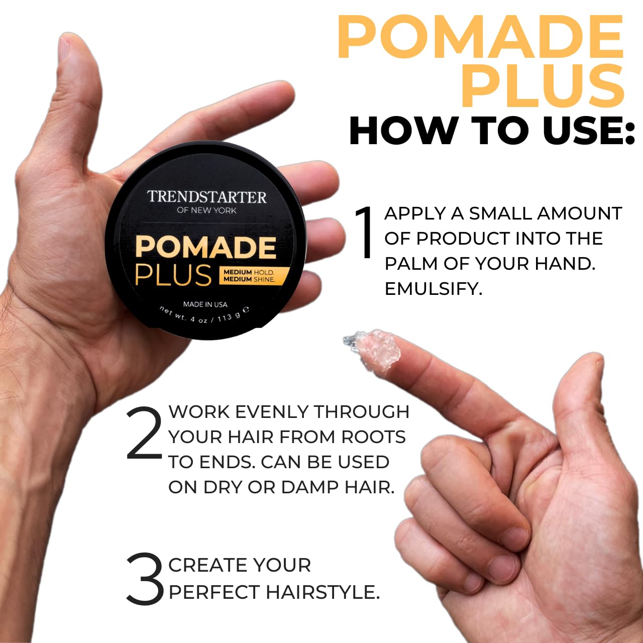 TRENDSTARTER Pomade Plus - Medium Hold & Shine - 4oz Flake-Free Water-Based Hair Gel for All Hair Types