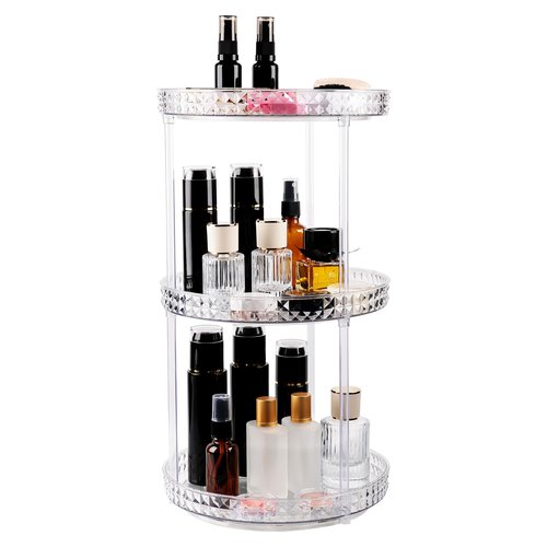 Runivor 360 Clear Rotating Makeup Organize for Vanity,3 Tiers Lazy Susan with Diamond Pattern, Large-Capacity Skincare Organizers Cosmetic Display Case Organizer for Dresser (Clear White, 3Tiers)