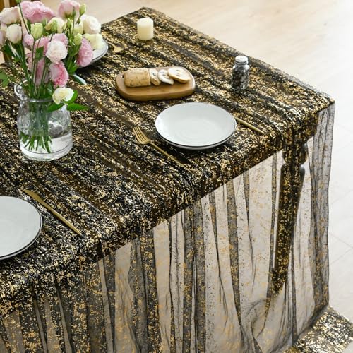 Horaldaily Black Gold Gauze Tablecloth 60x84 Inch Rectangular - Durable & Elegant